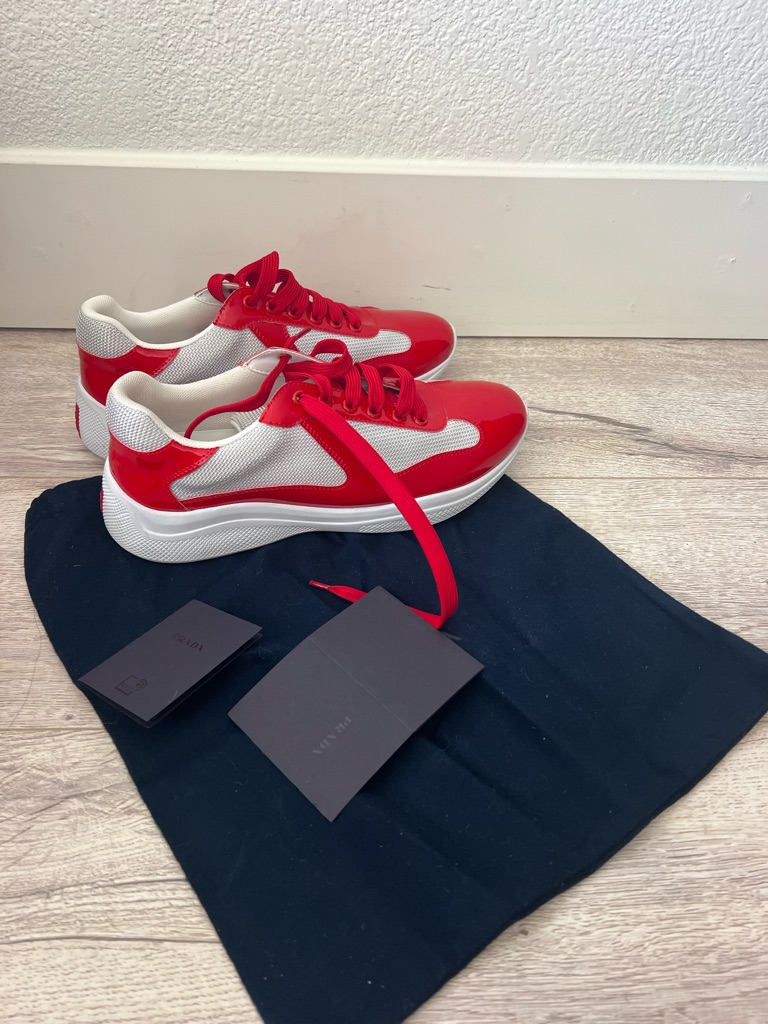 Prada Americas Cup Red And White Men's Patent Leather Sneakers Sz 41 $925